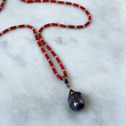 Long Coral & Amazonite Necklace with Removable Pearl Pendant