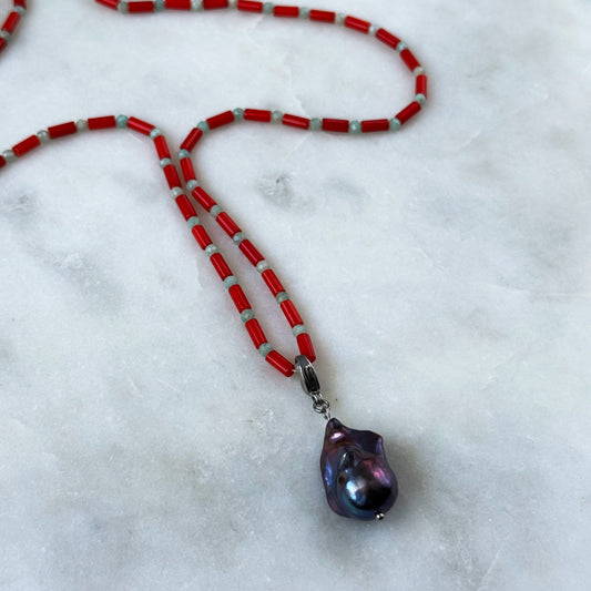 Long Coral & Amazonite Necklace with Removable Pearl Pendant