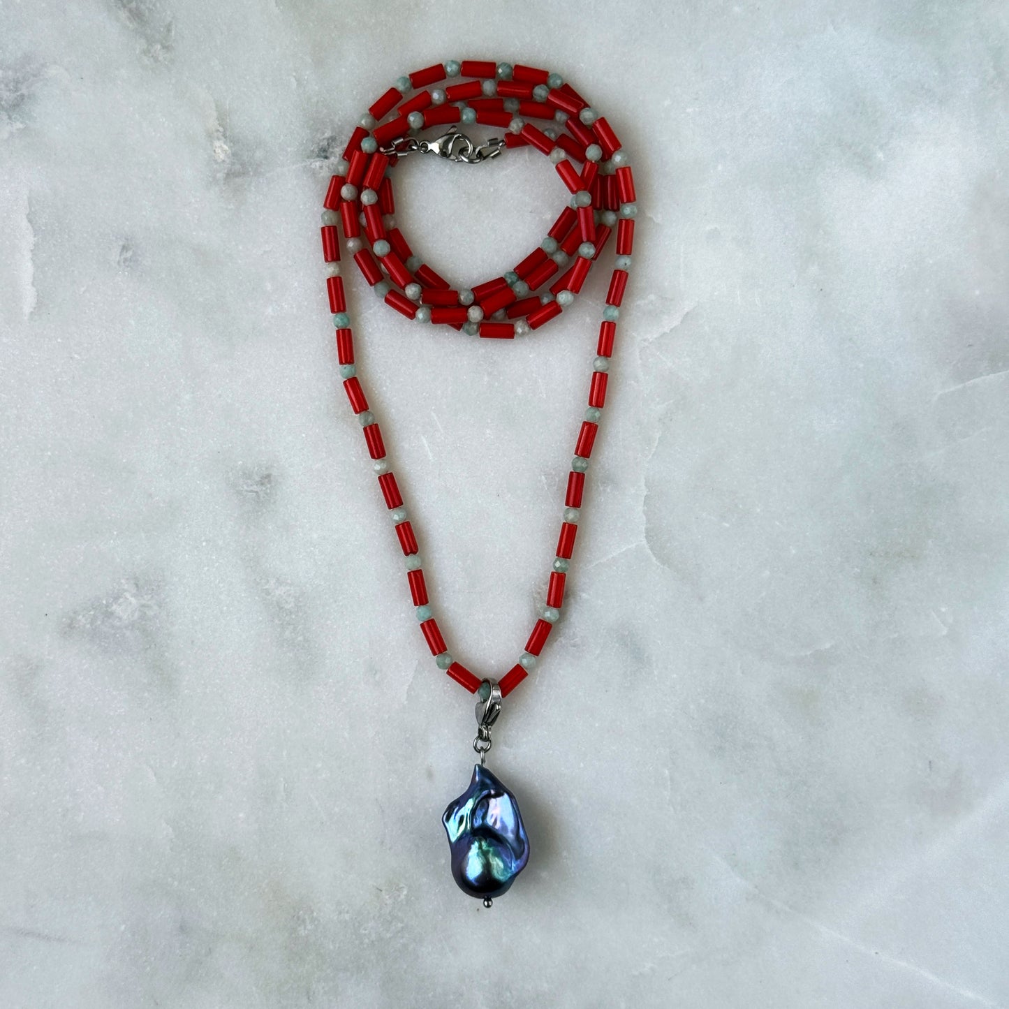 Long Coral & Amazonite Necklace with Removable Pearl Pendant