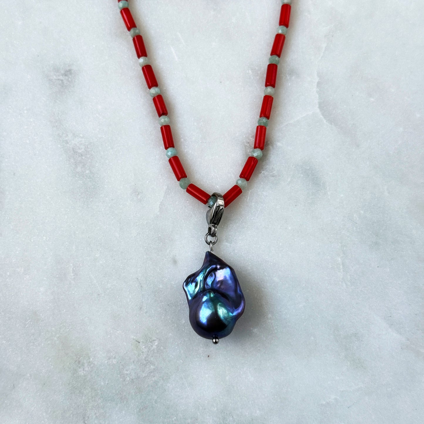 Long Coral & Amazonite Necklace with Removable Pearl Pendant