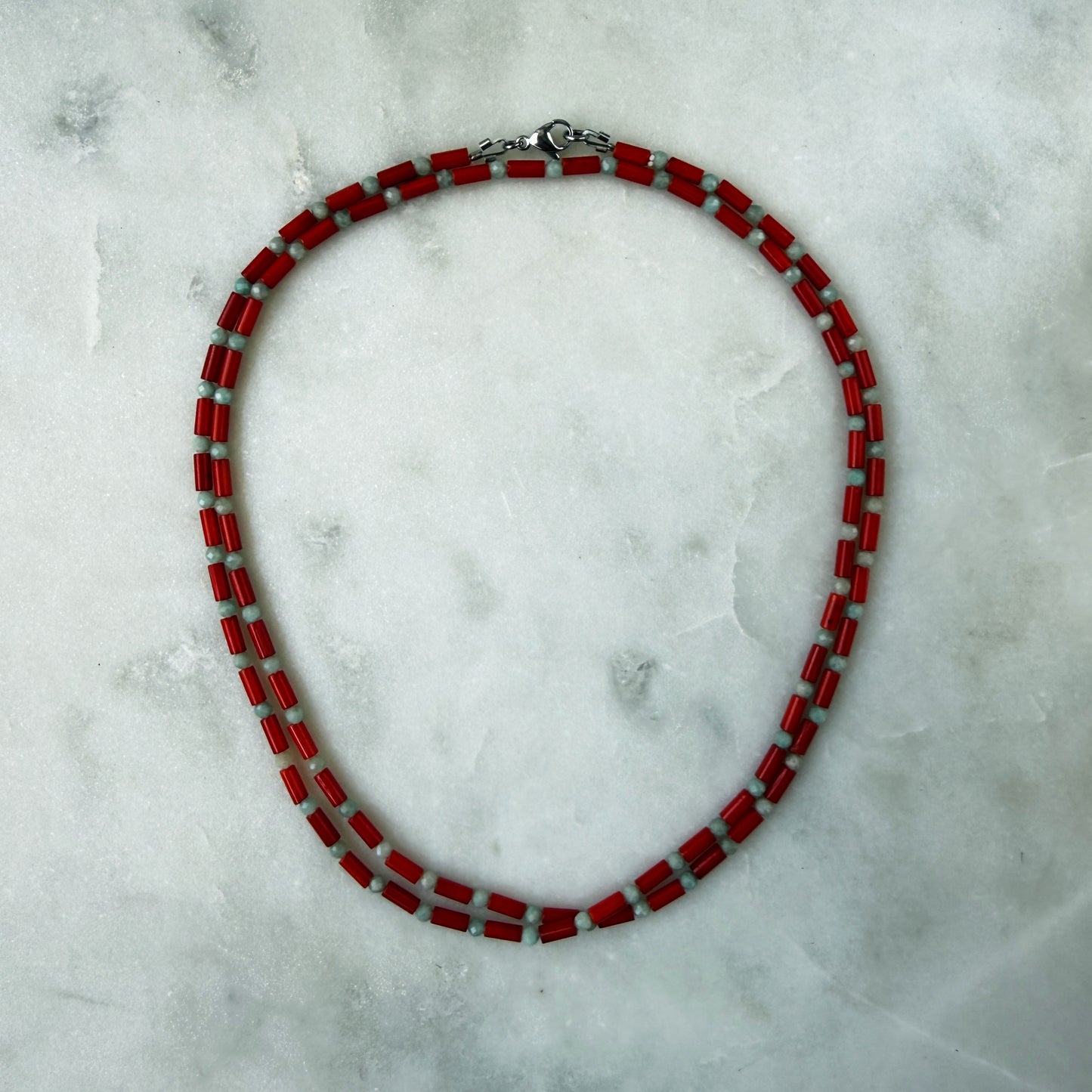 Long Coral & Amazonite Necklace with Removable Pearl Pendant