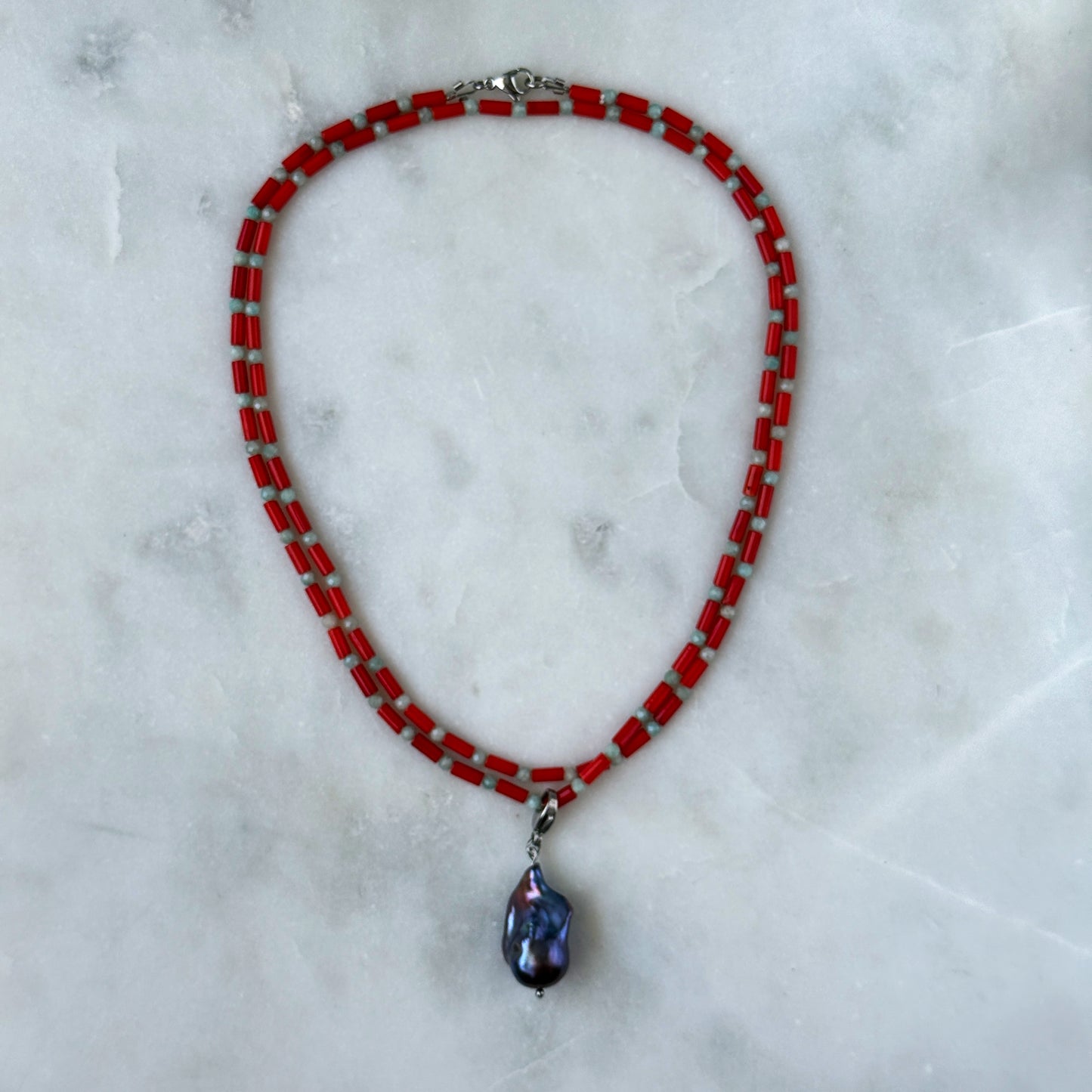 Long Coral & Amazonite Necklace with Removable Pearl Pendant