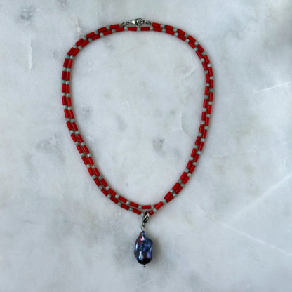 Long Coral & Amazonite Necklace with Removable Pearl Pendant