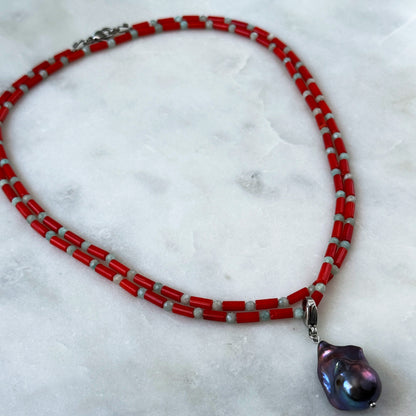 Long Coral & Amazonite Necklace with Removable Pearl Pendant