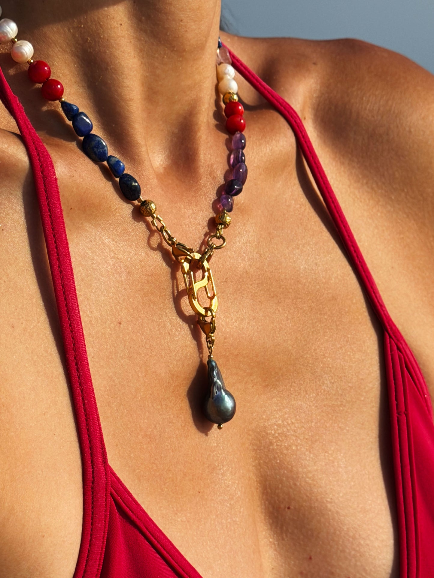 Multi-Stone Gemstone Necklace With Black Pearl