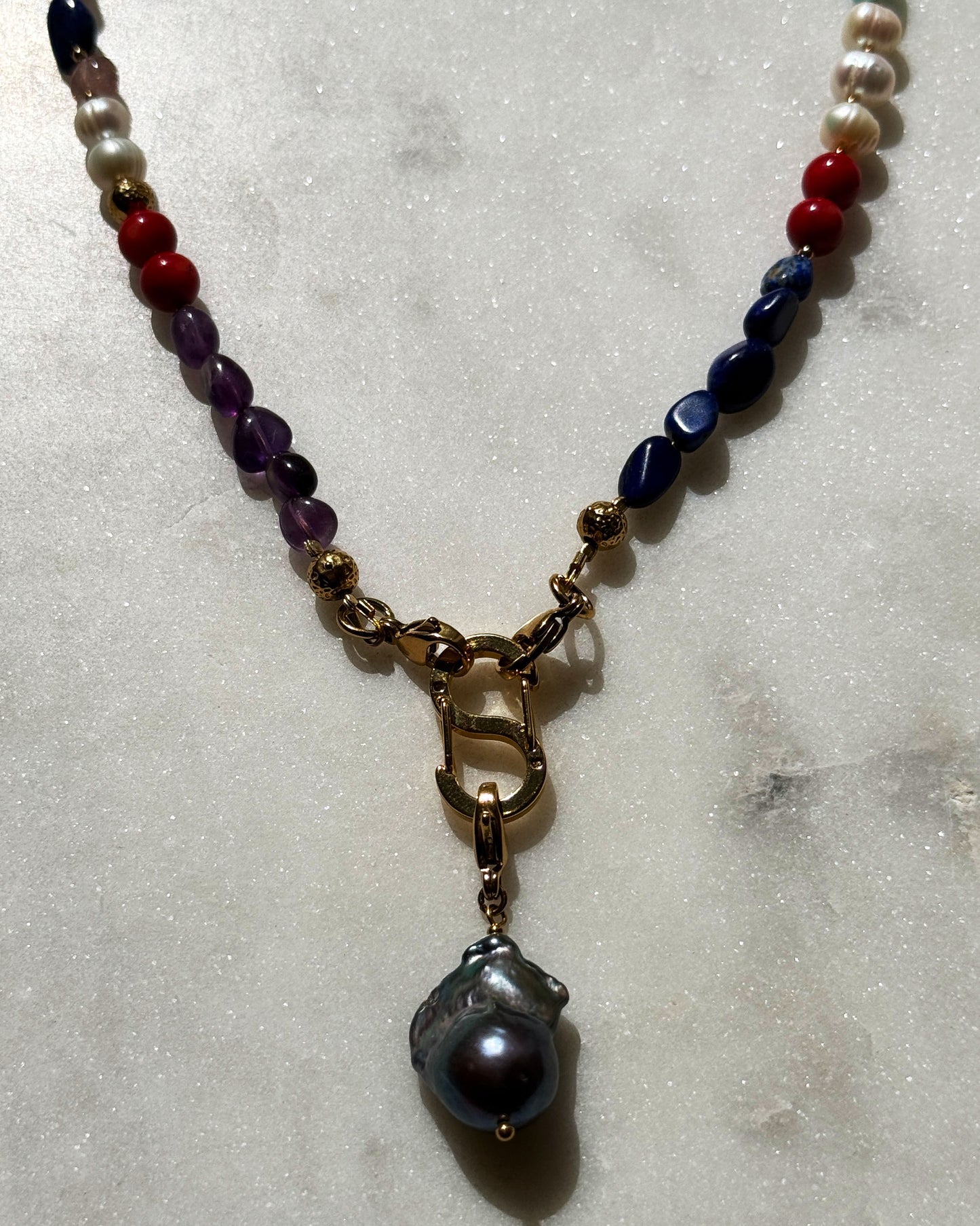 Multi-Stone Gemstone Necklace With Black Pearl