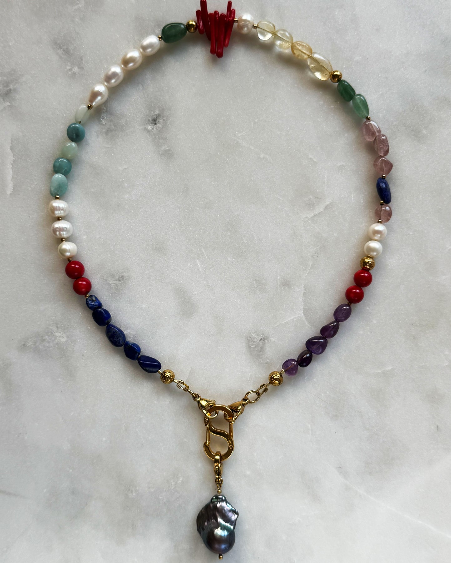 Multi-Stone Gemstone Necklace With Black Pearl