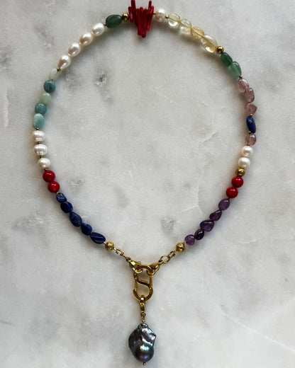 Multi-Stone Gemstone Necklace With Black Pearl