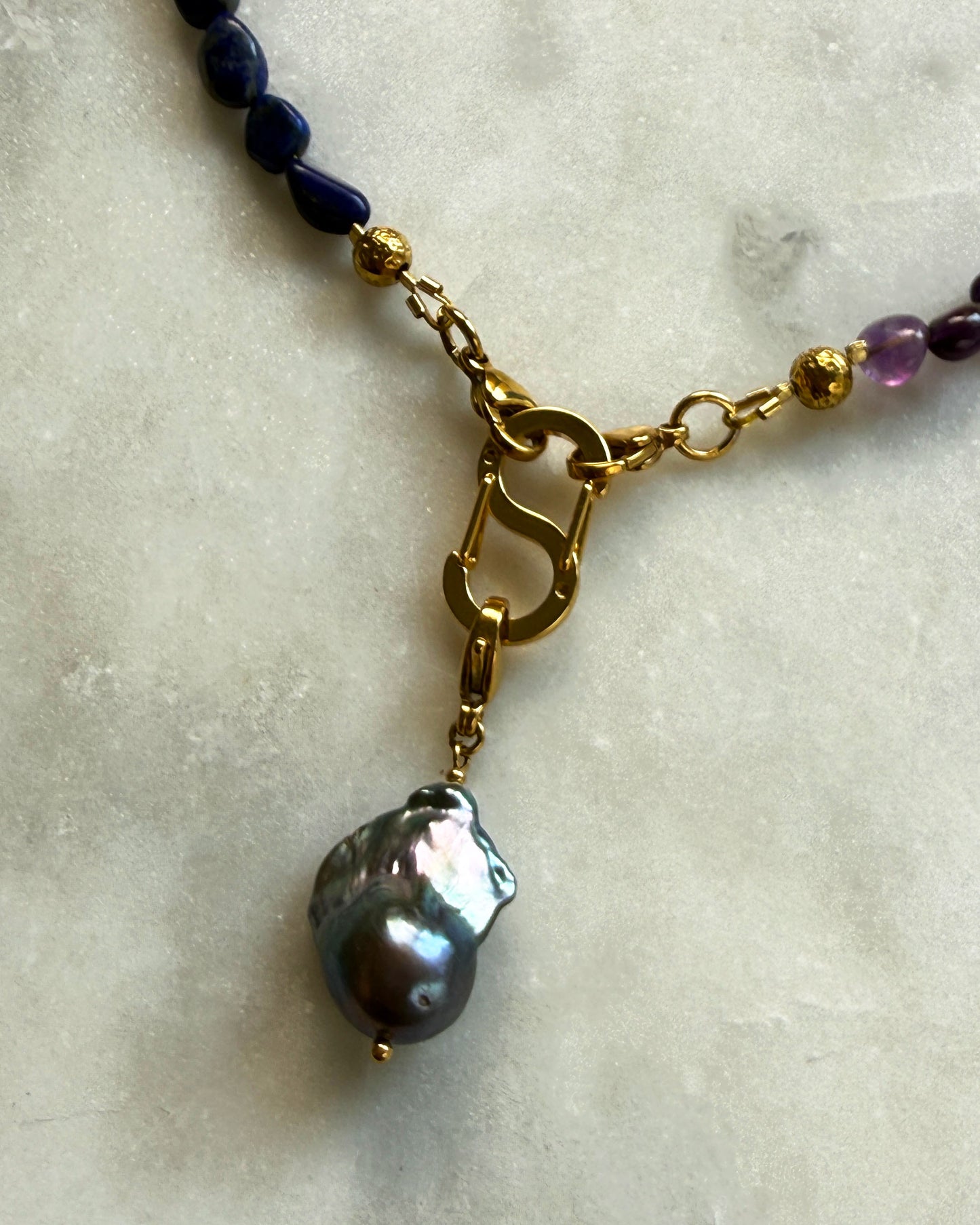 Multi-Stone Gemstone Necklace With Black Pearl