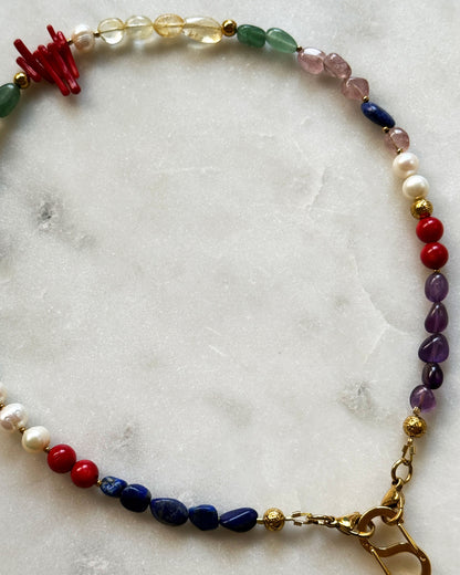 Multi-Stone Gemstone Necklace With Black Pearl