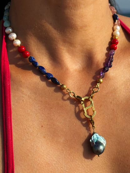 Multi-Stone Gemstone Necklace With Black Pearl