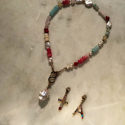 Multi-Stone Gemstone & Cross Necklace
