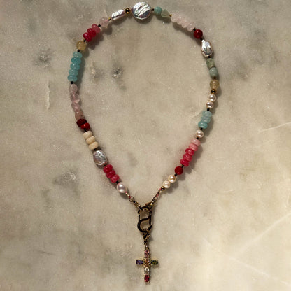 Multi-Stone Gemstone & Cross Necklace