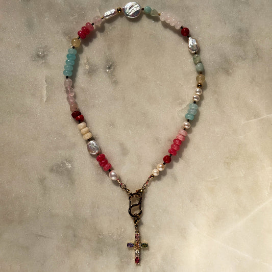 Multi-Stone Gemstone & Cross Necklace