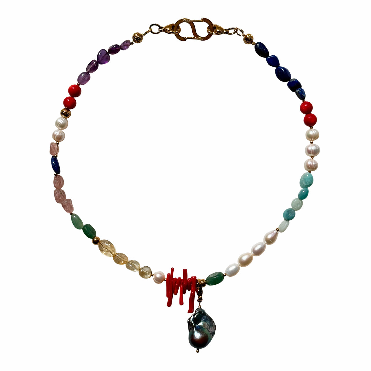Multi-Stone Gemstone Necklace With Black Pearl