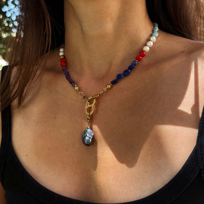 Multi-Stone Gemstone Necklace With Black Pearl