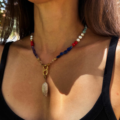 Multi-Stone Gemstone Necklace With Black Pearl