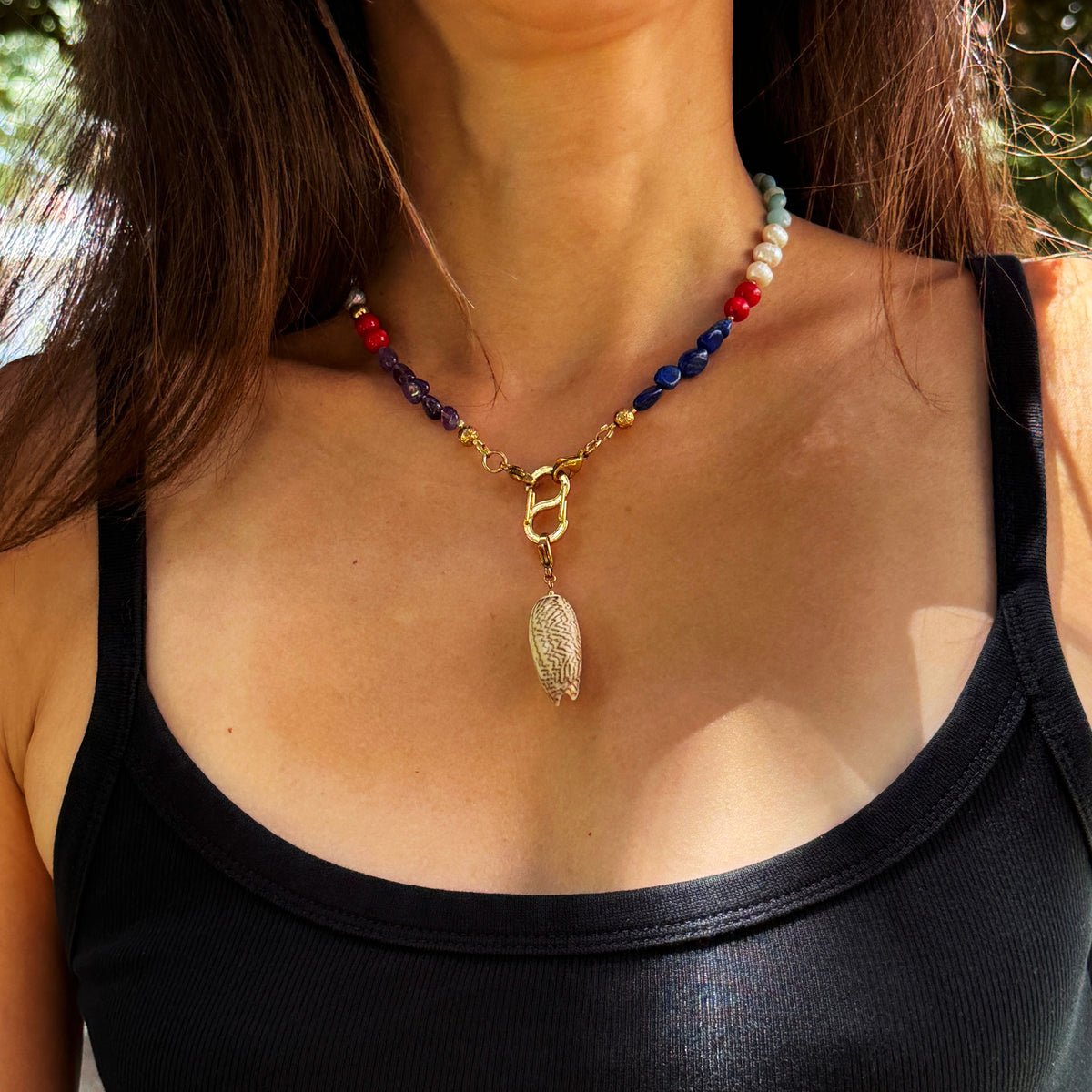 Multi-Stone Gemstone Necklace With Black Pearl