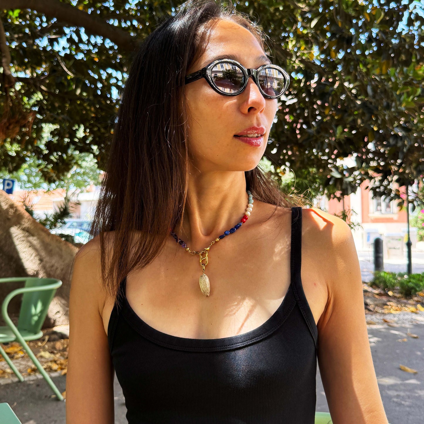 Multi-Stone Gemstone Necklace With Black Pearl