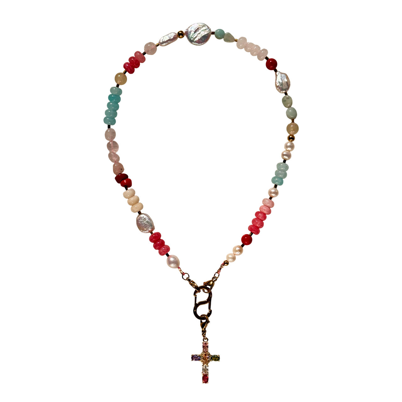 Multi-Stone Gemstone & Cross Necklace