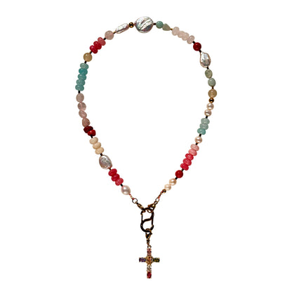 Multi-Stone Gemstone & Cross Necklace