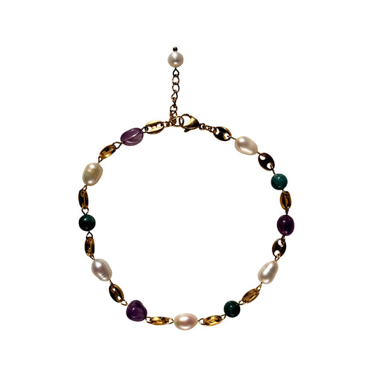 Natural Pearl, Green Agate & Amethyst Anklet