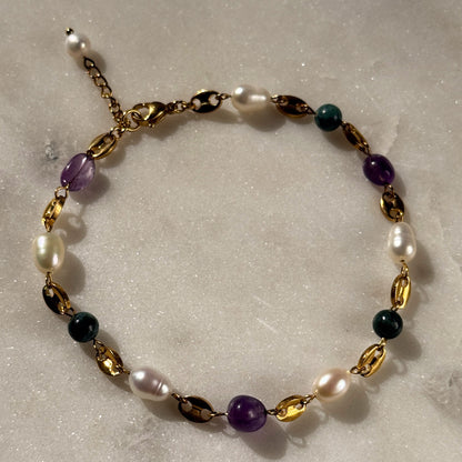 Natural Pearl, Green Agate & Amethyst Anklet
