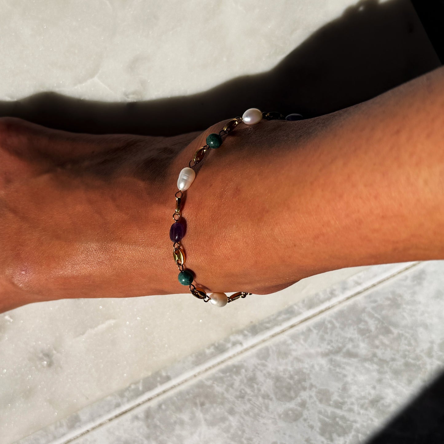 Natural Pearl, Green Agate & Amethyst Anklet