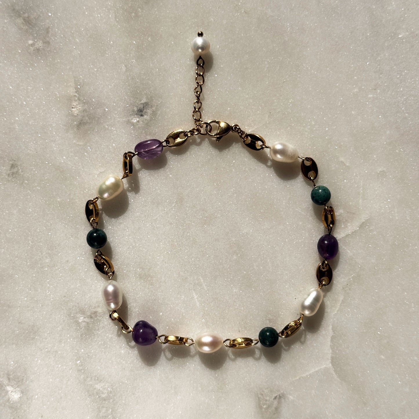 Natural Pearl, Green Agate & Amethyst Anklet