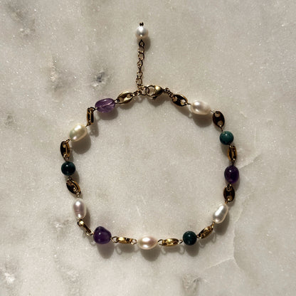 Natural Pearl, Green Agate & Amethyst Anklet