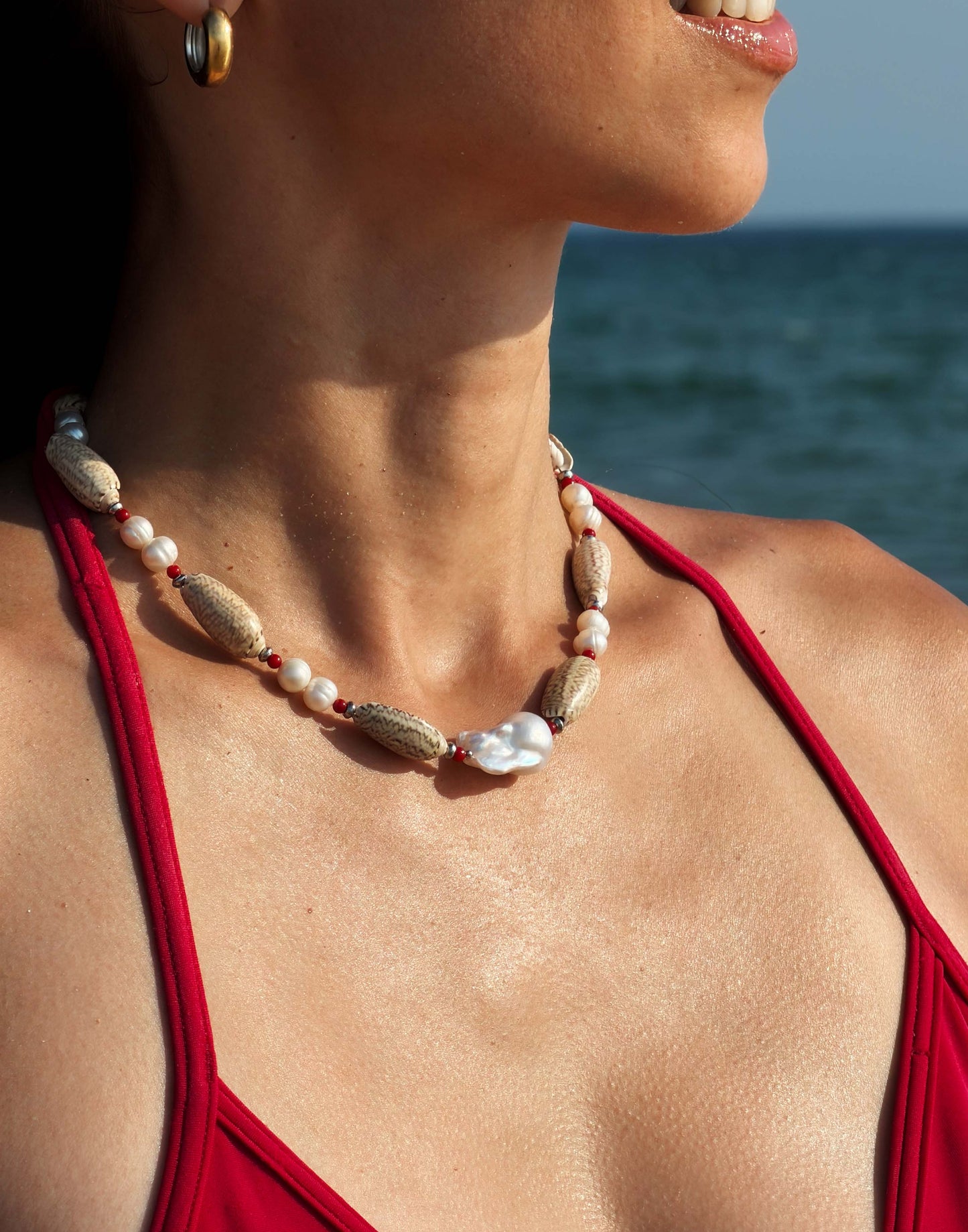 Natural Pearl, Shell & Coral Necklace