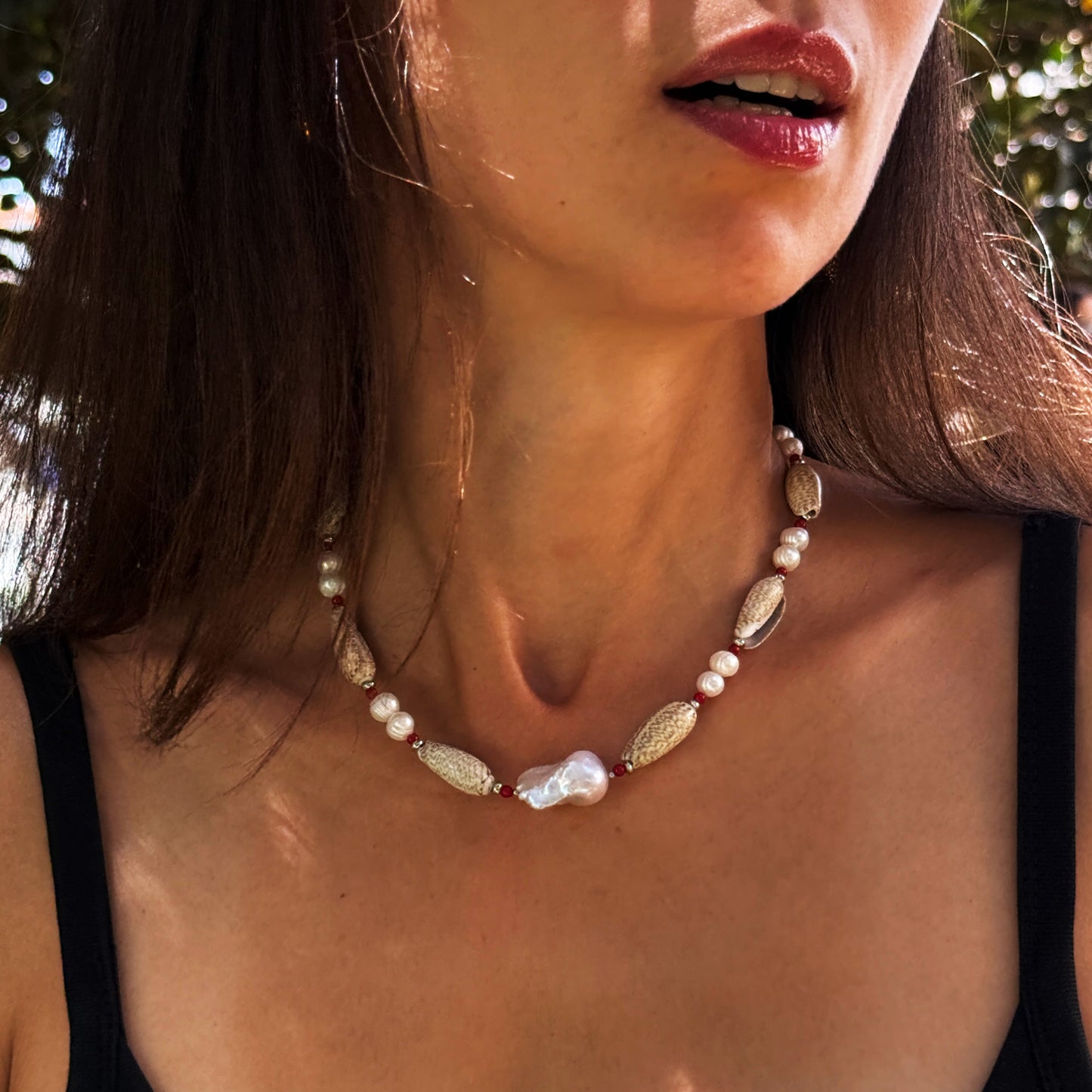 Natural Pearl, Shell & Coral Necklace