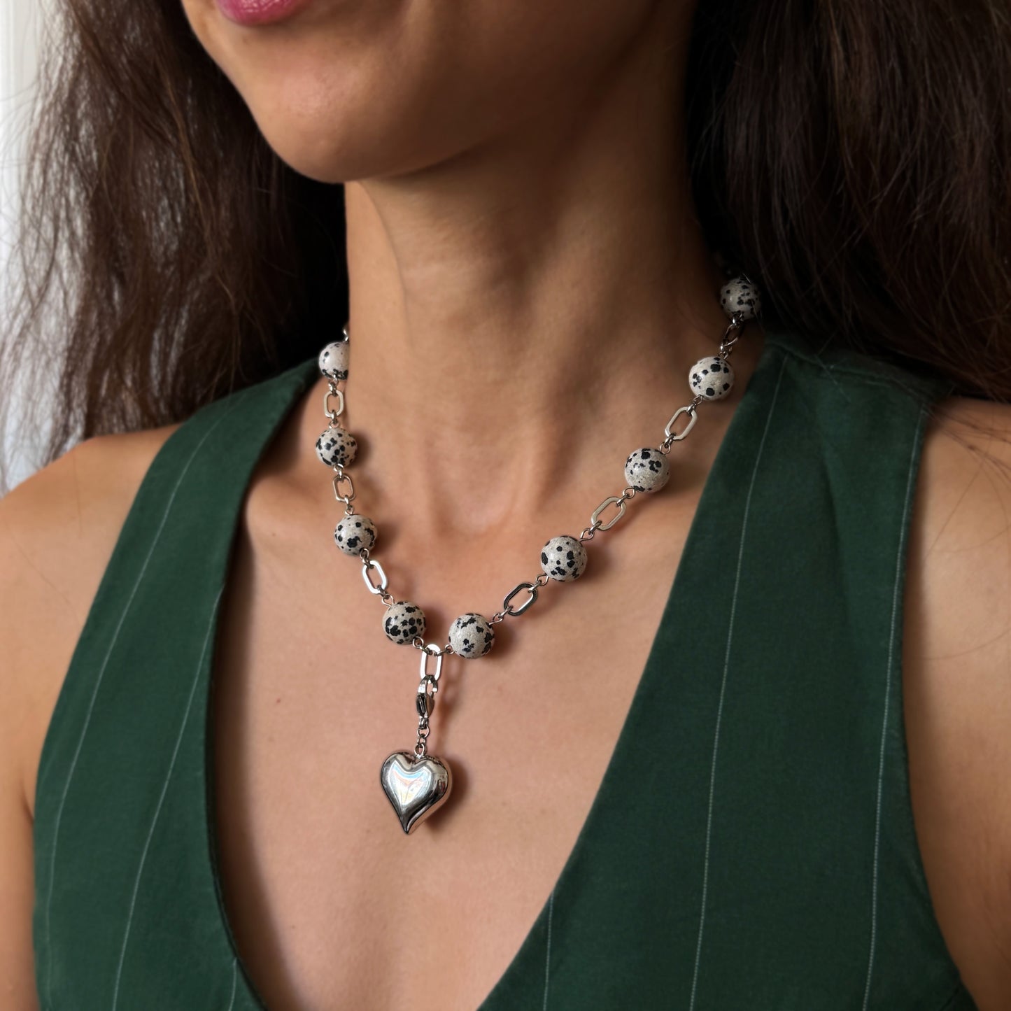 Necklace Dalmatian Jasper And Steel Heart