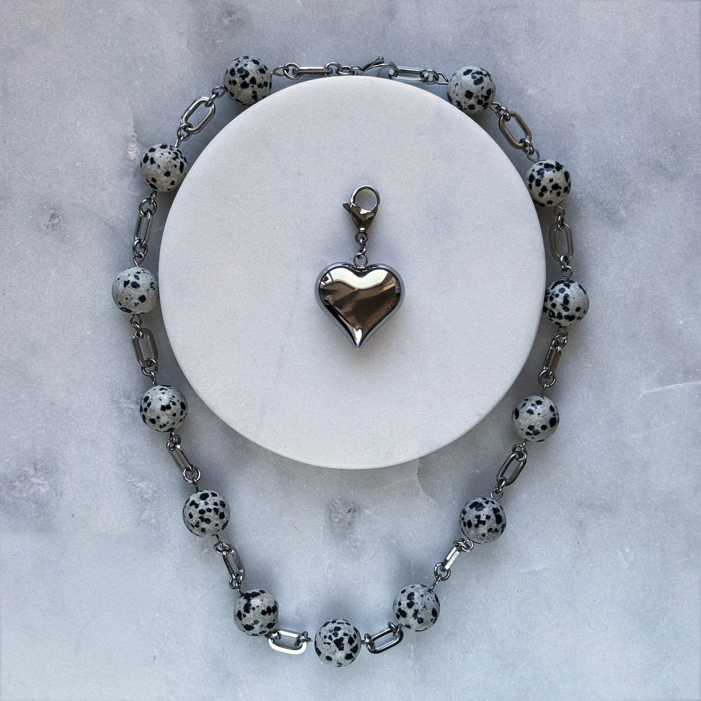 Necklace Dalmatian Jasper And Steel Heart