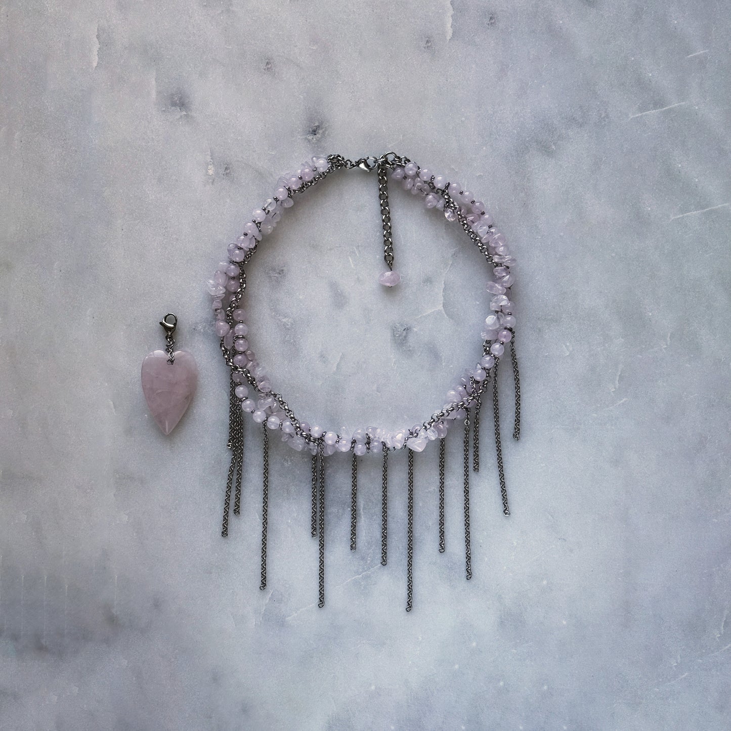 Necklace Pink Quartz And Fringe