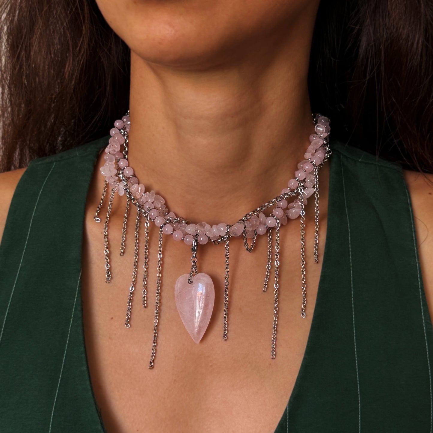 Necklace Pink Quartz And Fringe