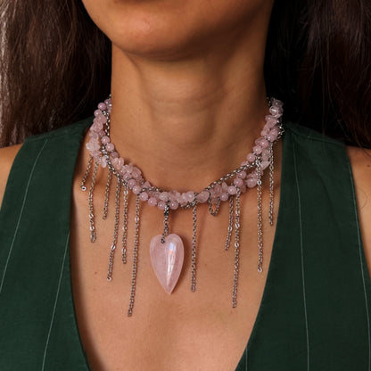 Necklace Pink Quartz And Fringe