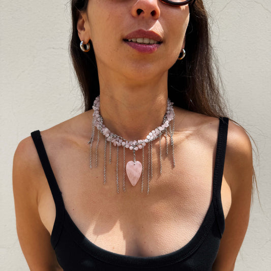 Necklace Pink Quartz And Fringe