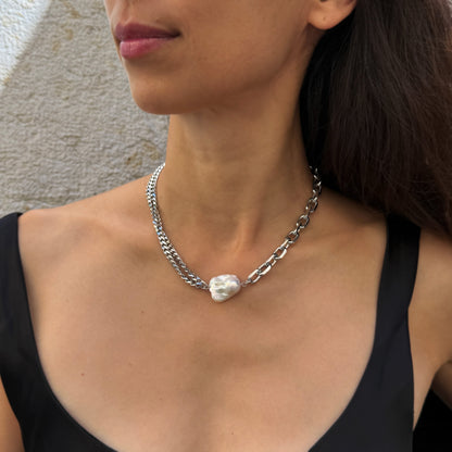 Necklace Silver Chain White Pearl