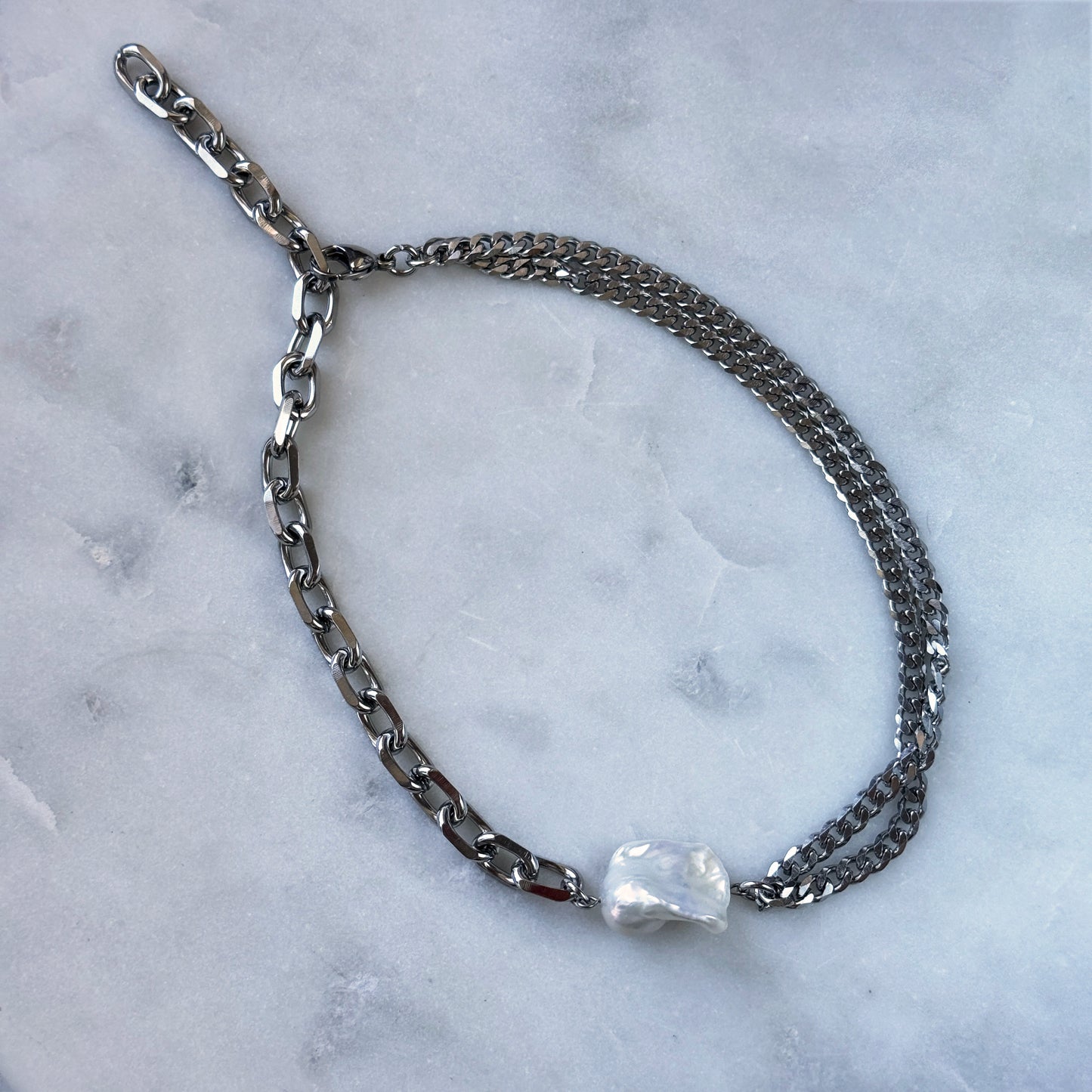 Necklace Silver Chain White Pearl