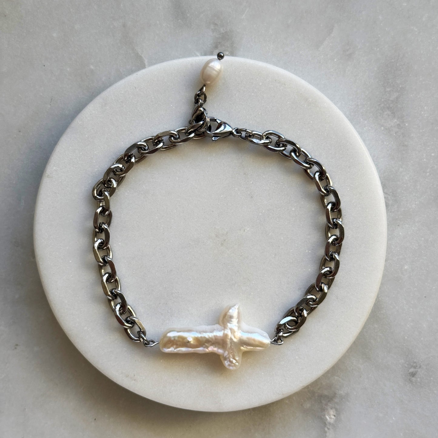 Pearl Cross Gold Chain Bracelet