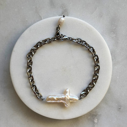 Pearl Cross Gold Chain Bracelet