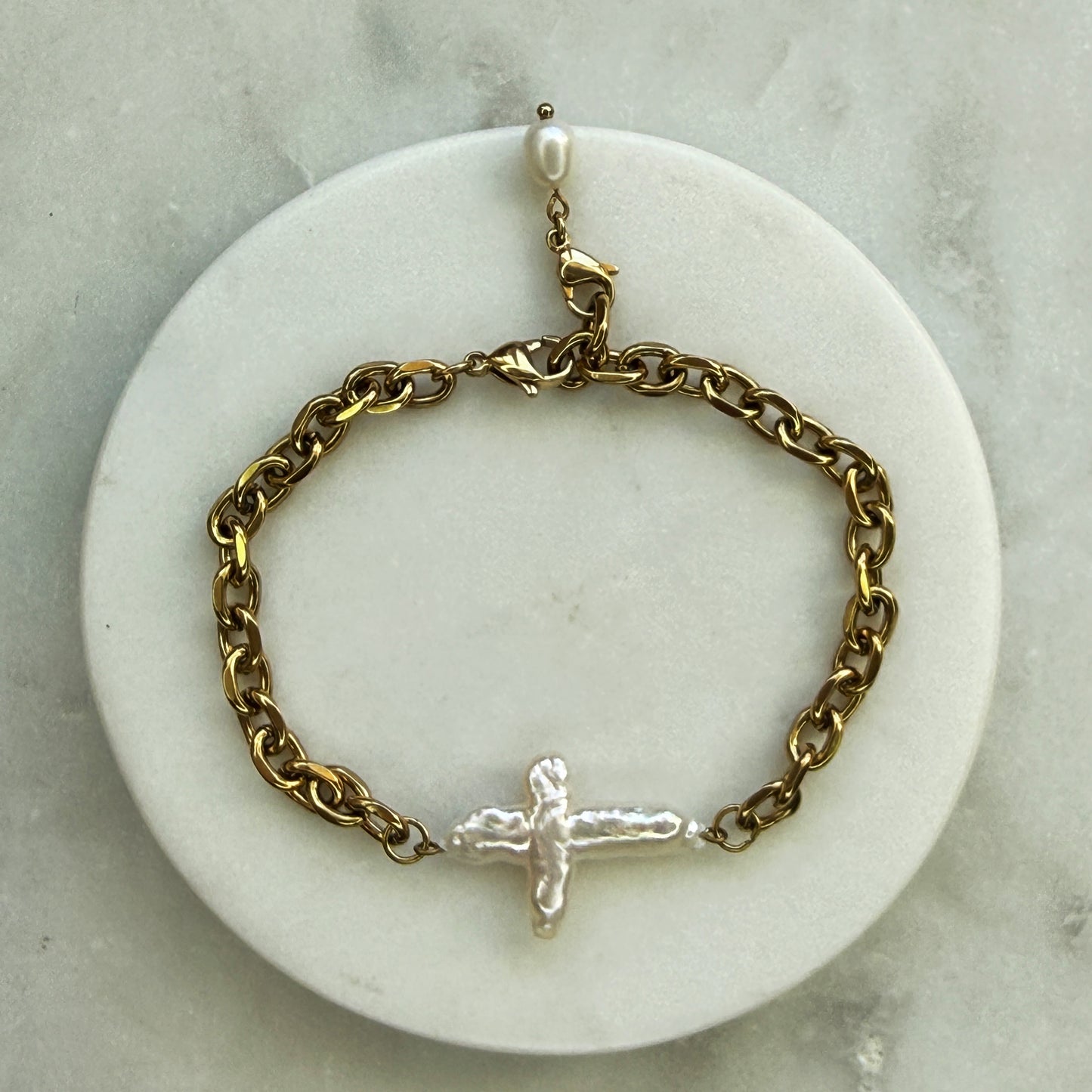 Pearl Cross Gold Chain Bracelet