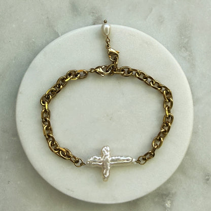 Pearl Cross Gold Chain Bracelet