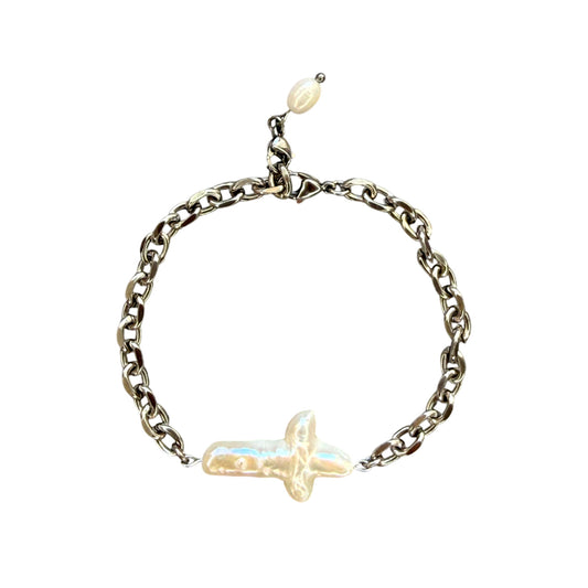 Pearl Cross Silver Chain Bracelet