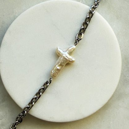 Pearl Cross Gold Chain Bracelet