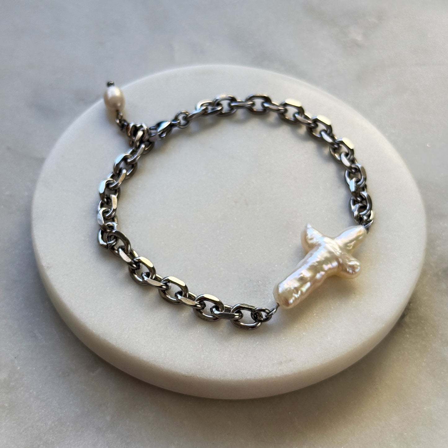 Pearl Cross Gold Chain Bracelet