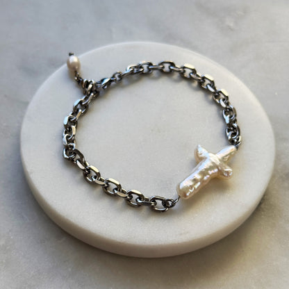 Pearl Cross Gold Chain Bracelet