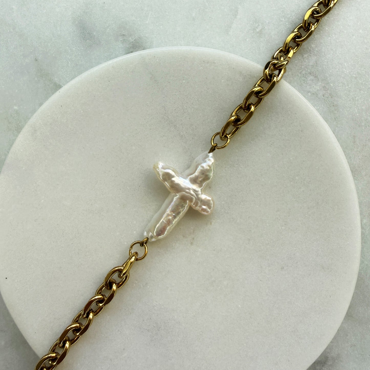 Pearl Cross Gold Chain Bracelet