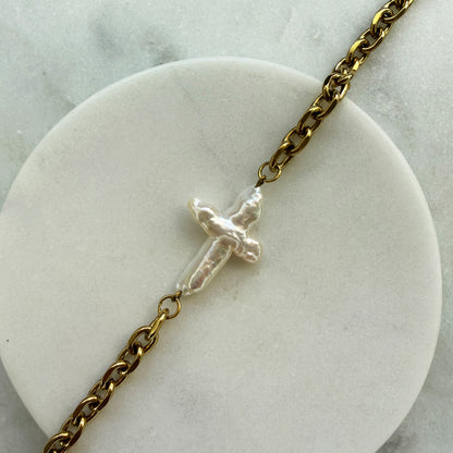 Pearl Cross Gold Chain Bracelet